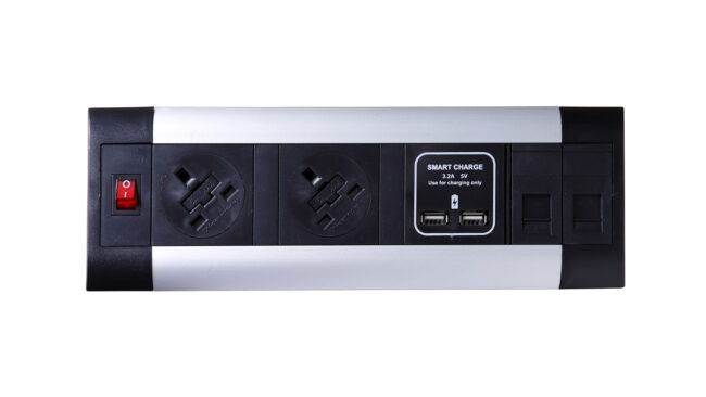Impulse Desktop Module 2 x 5A UK Sockets, 1 x Neon Switch, 1 x 500mm Lead to 3 Pole Connector in Black - Image 2