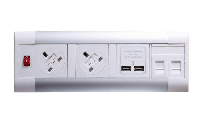 Impulse Desktop Module 2 x 5A UK Sockets, 1 x Neon Switch, 1 x 500mm Lead to 3 Pole Connector in White - Image 3