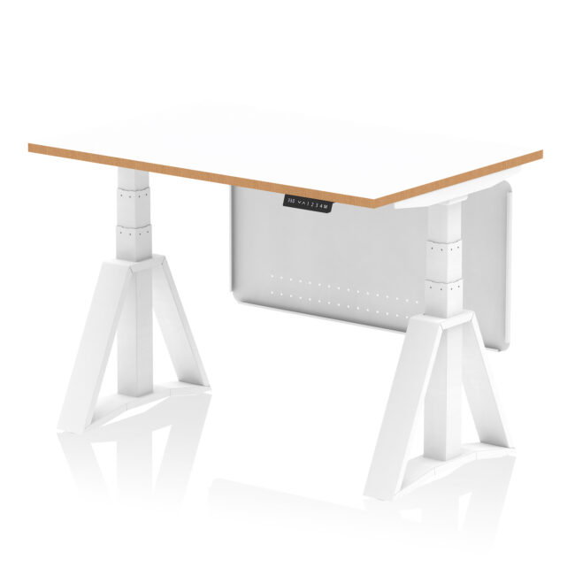 Oslo Air Height Adjustable Desk White Top Natural Wood Edge White Frame with White Steel Modesty Panel - Image 4