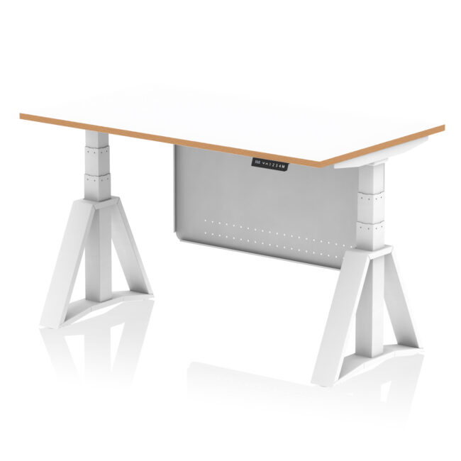 Oslo Air Height Adjustable Desk White Top Natural Wood Edge White Frame with White Steel Modesty Panel - Image 5