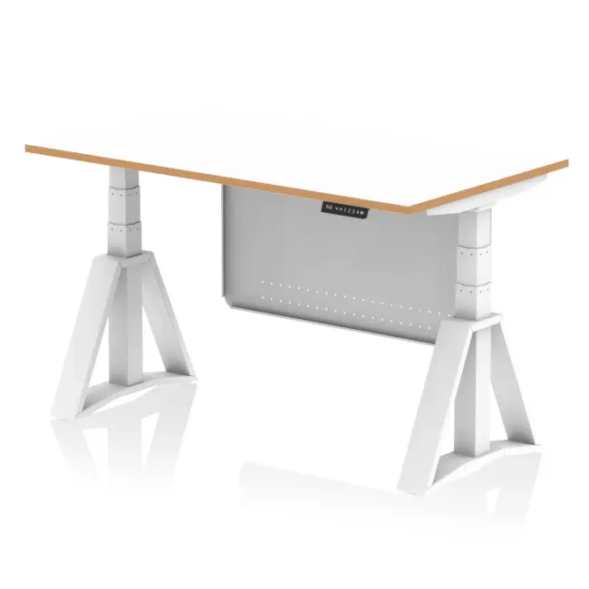 Oslo Air Height Adjustable Desk White Top Natural Wood Edge White Frame with White Steel Modesty Panel - Image 5