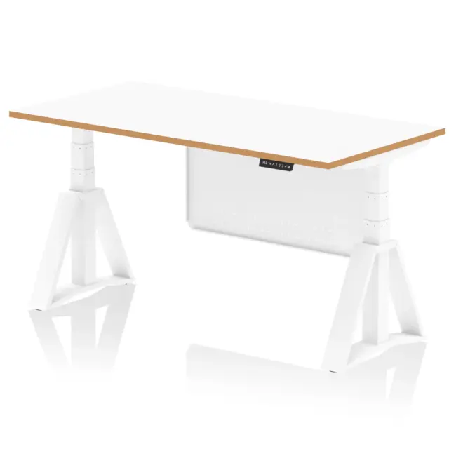 Oslo Air Height Adjustable Desk White Top Natural Wood Edge White Frame with White Steel Modesty Panel - Image 6