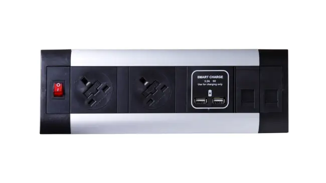 Impulse Desktop Module 2 x 5A UK Sockets, 1 x Neon Switch, 1 x 500mm Lead to 3 Pole Connector in Black - Image 2